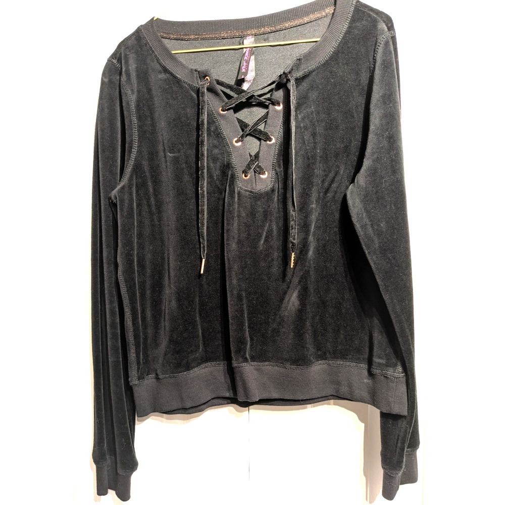 Betsy Johnson Performance Sweater Womens Large Black Velour Lace Up Pullover Top